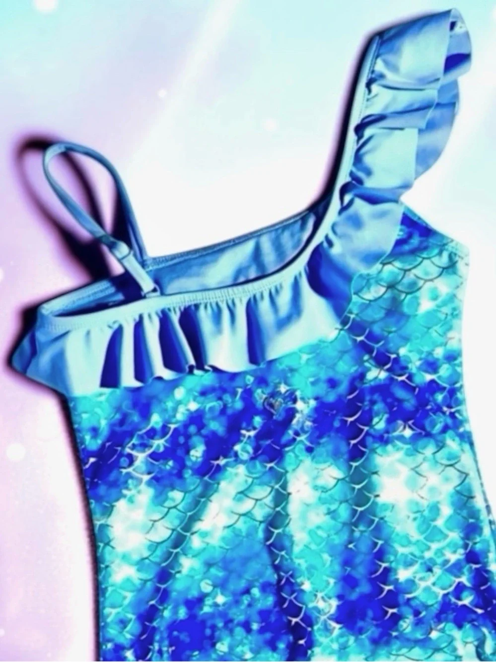 Justice Girls Swimsuit Metallic Blue Mermaid One‑Shoulder Size 10 EUC